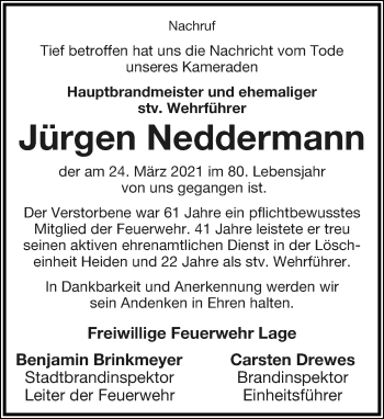 Anzeige  Jürgen Neddermann  Lippische Landes-Zeitung