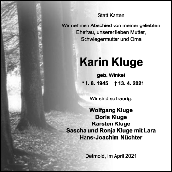 Anzeige  Karin Kluge  Lippische Landes-Zeitung