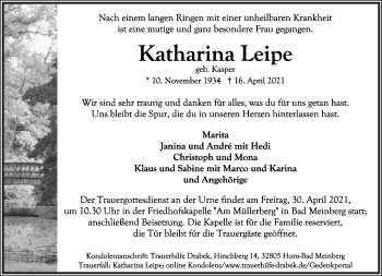 Anzeige  Katharina Leipe  Lippische Landes-Zeitung