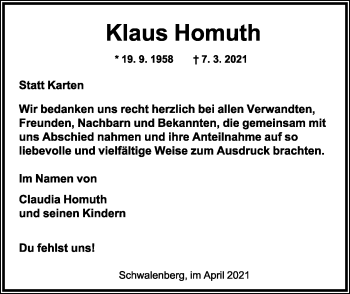 Anzeige  Klaus Homuth  Lippische Landes-Zeitung