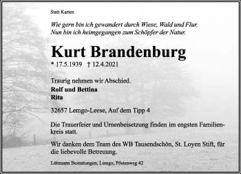 Anzeige  Kurt Brandenburg  Lippische Landes-Zeitung