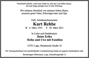 Anzeige  Kurt Rebbe  Lippische Landes-Zeitung