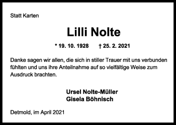 Anzeige  Lilli Nolte  Lippische Landes-Zeitung