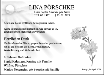 Anzeige  Lina Pörschke  Lippische Landes-Zeitung