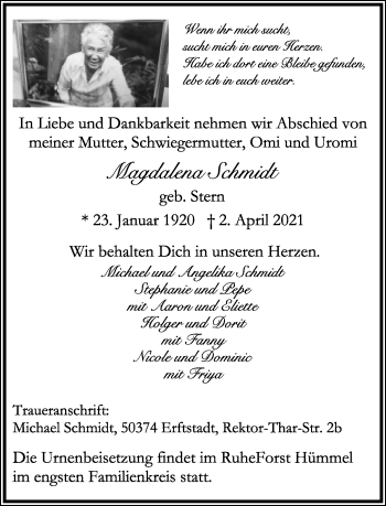 Anzeige  Magdalena Schmidt  Lippische Landes-Zeitung