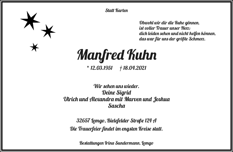  Traueranzeige für Manfred Kuhn vom 24.04.2021 aus Lippische Landes-Zeitung