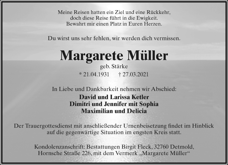  Traueranzeige für Margarete Müller vom 02.04.2021 aus Lippische Landes-Zeitung