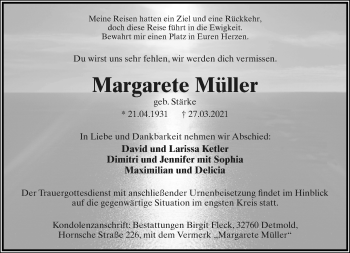 Anzeige  Margarete Müller  Lippische Landes-Zeitung