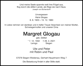 Anzeige  Margret Glogau  Lippische Landes-Zeitung