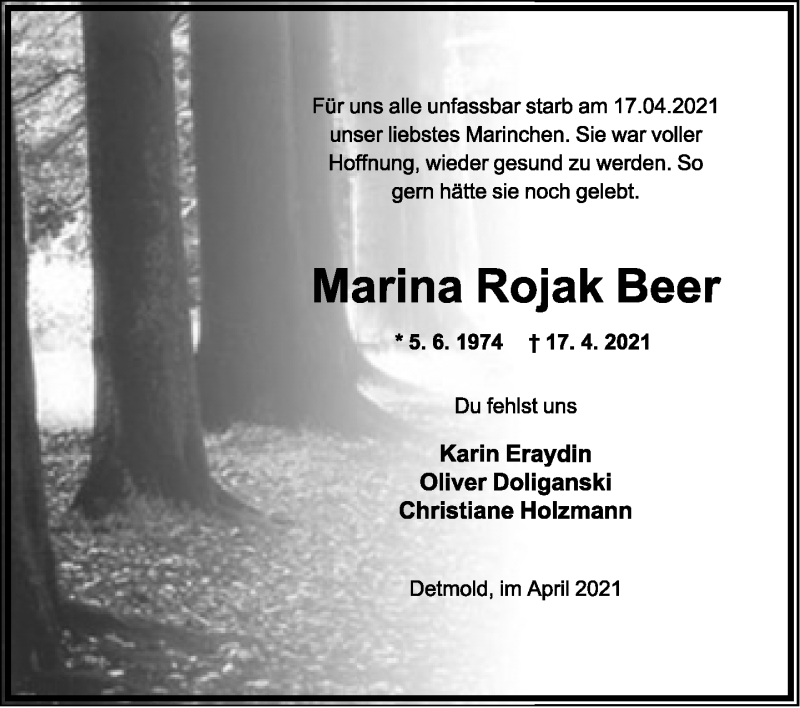  Traueranzeige für Marina Rojak Beer vom 21.04.2021 aus Lippische Landes-Zeitung
