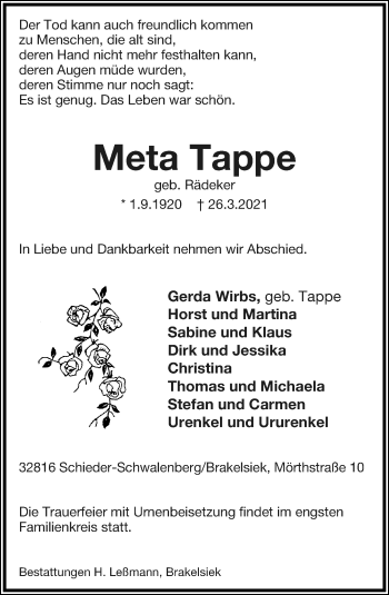 Anzeige  Meta Tappe  Lippische Landes-Zeitung
