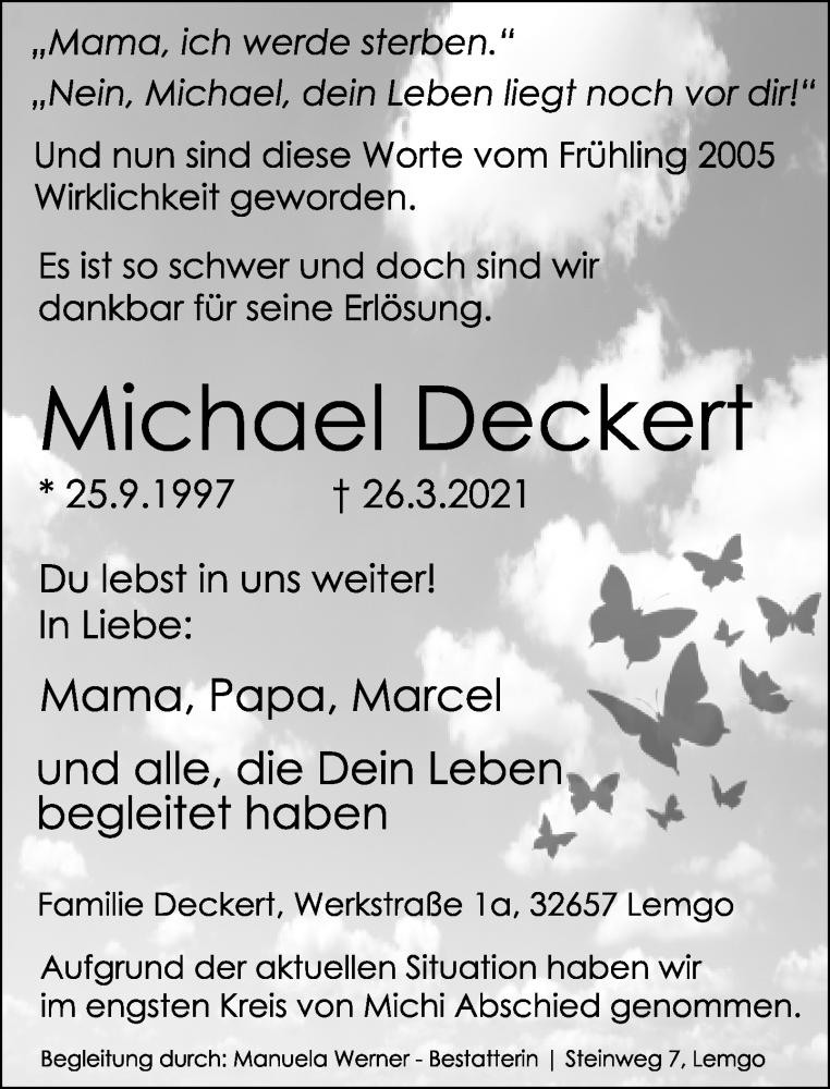  Traueranzeige für Michael Deckert vom 02.04.2021 aus Lippische Landes-Zeitung
