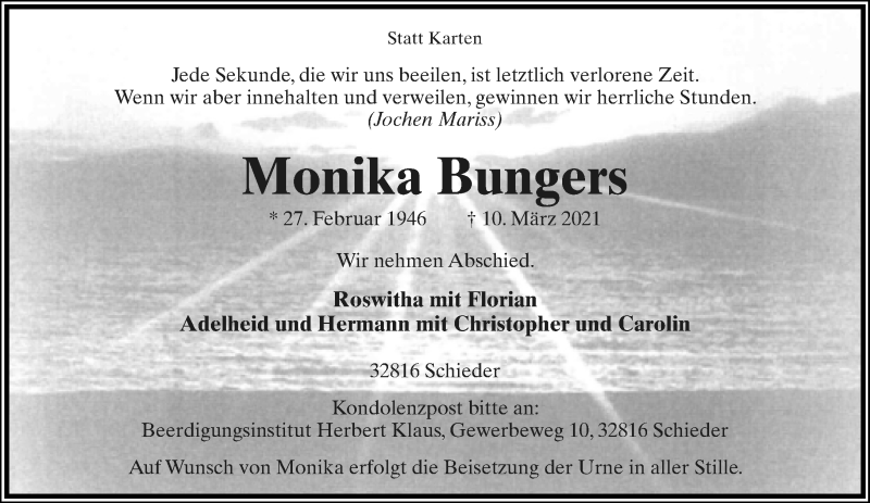  Traueranzeige für Monika Bungers vom 02.04.2021 aus Lippische Landes-Zeitung
