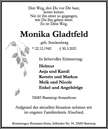 Anzeige  Monika Gladtfeld  Lippische Landes-Zeitung