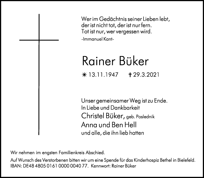  Traueranzeige für Rainer Büker vom 02.04.2021 aus Lippische Landes-Zeitung