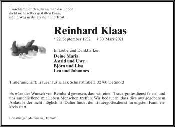 Anzeige  Reinhard Klaas  Lippische Landes-Zeitung
