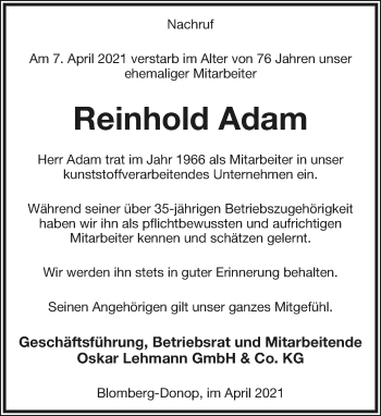 Anzeige  Reinhold Adam  Lippische Landes-Zeitung