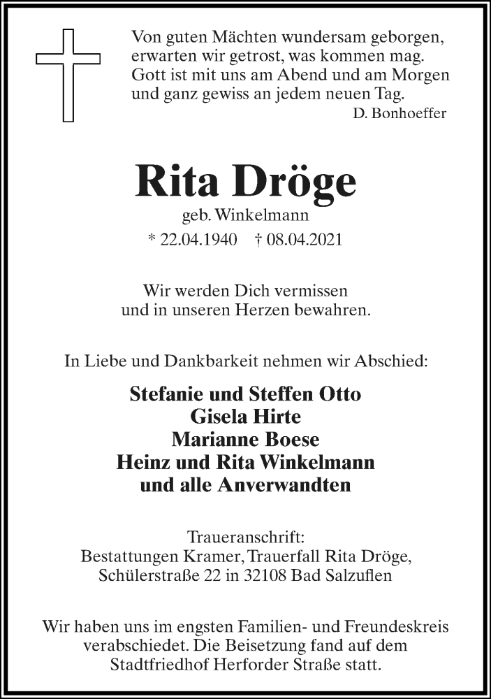  Traueranzeige für Rita Dröge vom 17.04.2021 aus Lippische Landes-Zeitung