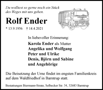 Anzeige  Rolf Ender  Lippische Landes-Zeitung