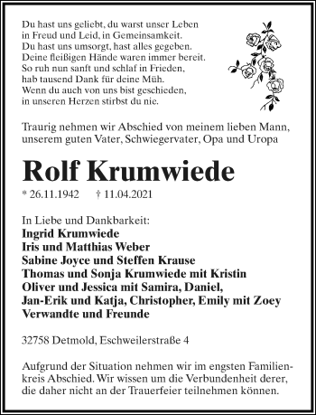 Anzeige  Rolf Krumwiede  Lippische Landes-Zeitung