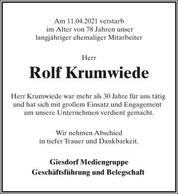 Anzeige  Rolf Krumwiede  Lippische Landes-Zeitung