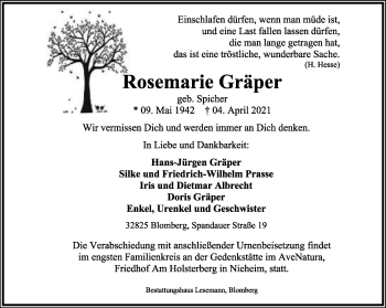 Anzeige  Rosemarie Gräper  Lippische Landes-Zeitung