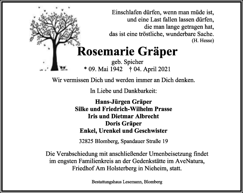  Traueranzeige für Rosemarie Gräper vom 10.04.2021 aus Lippische Landes-Zeitung