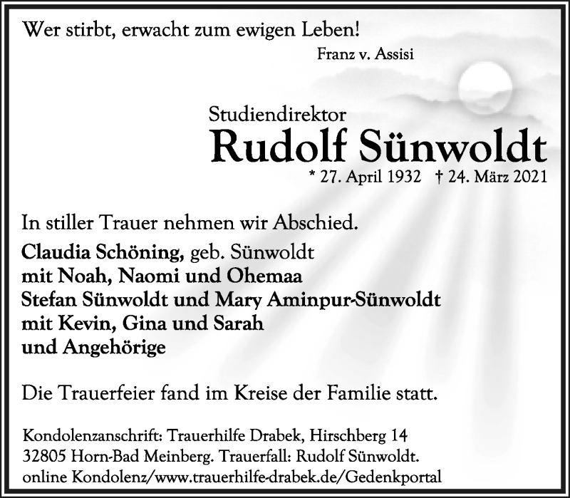  Traueranzeige für Rudolf Sünwoldt vom 02.04.2021 aus Lippische Landes-Zeitung