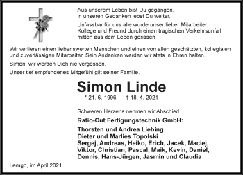 Anzeige  Simon Linde  Lippische Landes-Zeitung