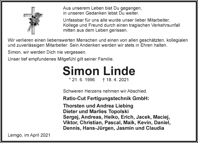  Traueranzeige für Simon Linde vom 24.04.2021 aus Lippische Landes-Zeitung