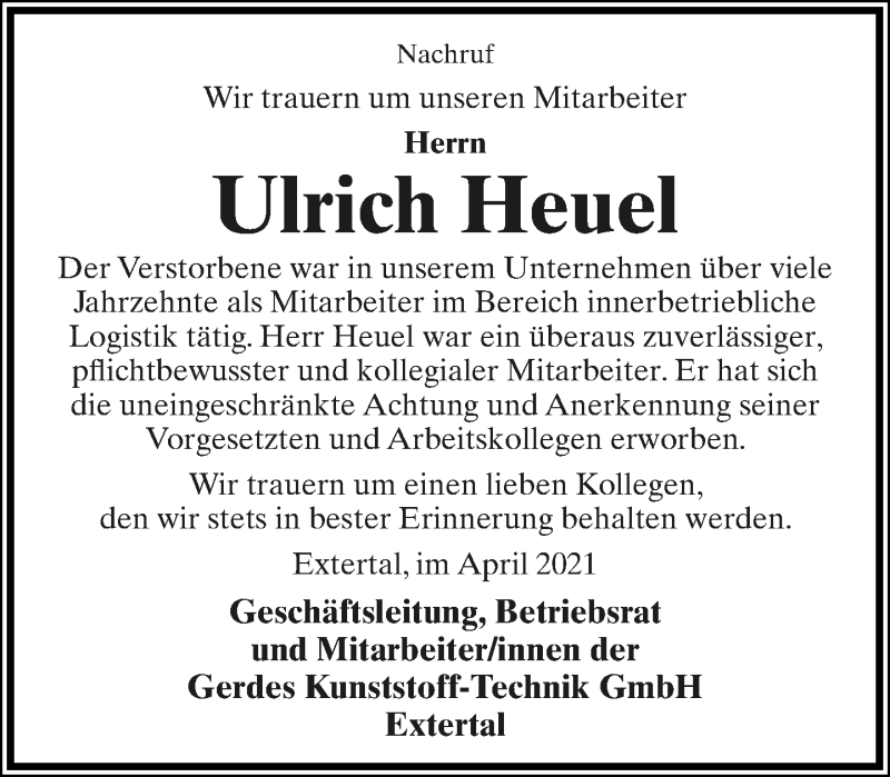  Traueranzeige für Ulrich Heuel vom 22.04.2021 aus Lippische Landes-Zeitung