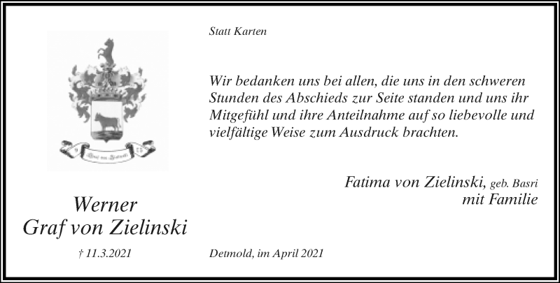  Traueranzeige für Werner Graf von Zielinski vom 17.04.2021 aus Lippische Landes-Zeitung