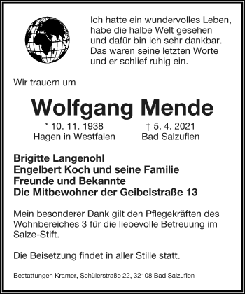 Anzeige  Wolfgang Mende  Lippische Landes-Zeitung