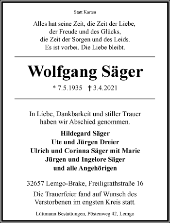 Anzeige  Wolfgang Säger  Lippische Landes-Zeitung