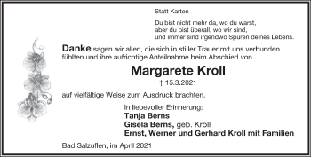Anzeige  Margarete Kroll  Lippische Landes-Zeitung
