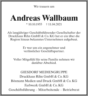 Anzeige  Andreas Wallbaum  Lippische Landes-Zeitung