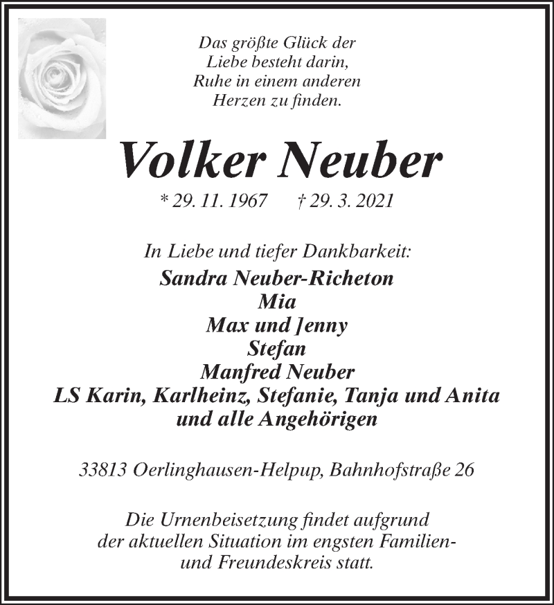  Traueranzeige für Volker Neuber vom 01.04.2021 aus Lippische Landes-Zeitung