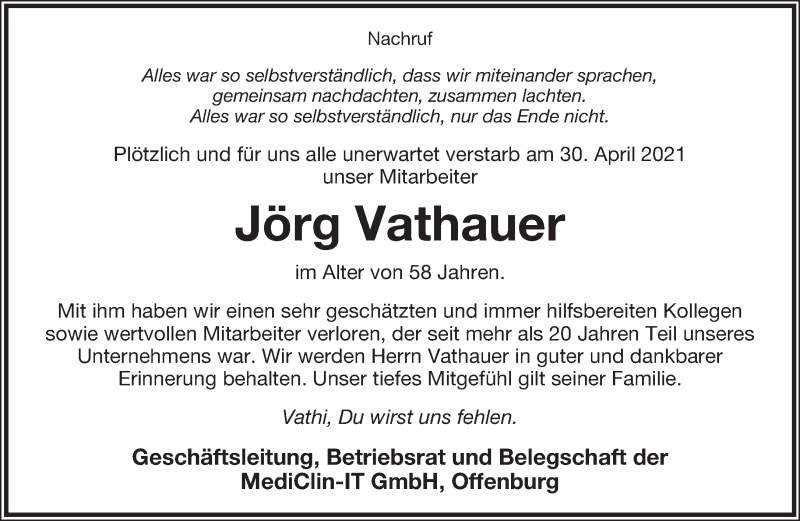  Traueranzeige für Jörg Vathauer vom 06.05.2021 aus Lippische Landes-Zeitung