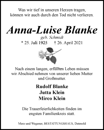 Anzeige  Anna-Luise Blanke  Lippische Landes-Zeitung