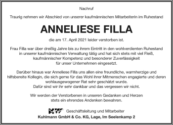 Anzeige  Anneliese Filla  Lippische Landes-Zeitung