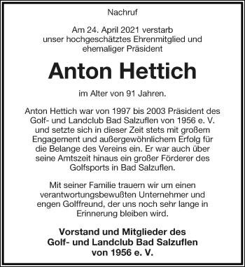 Anzeige  Anton Hettich  Lippische Landes-Zeitung