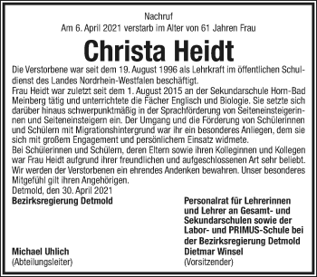 Anzeige  Christa Heidt  Lippische Landes-Zeitung