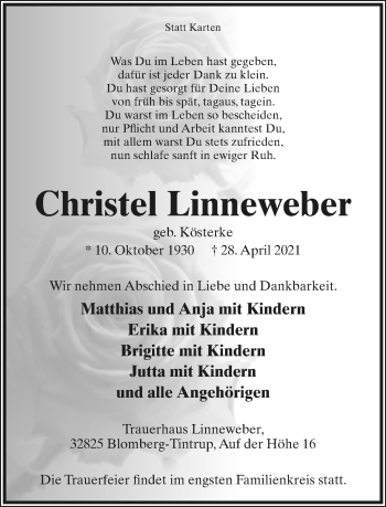Anzeige  Christel Linneweber  Lippische Landes-Zeitung