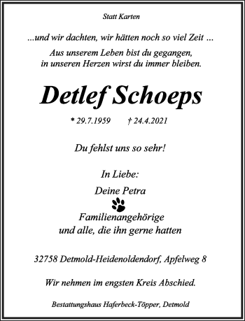 Anzeige  Detlef Schoeps  Lippische Landes-Zeitung