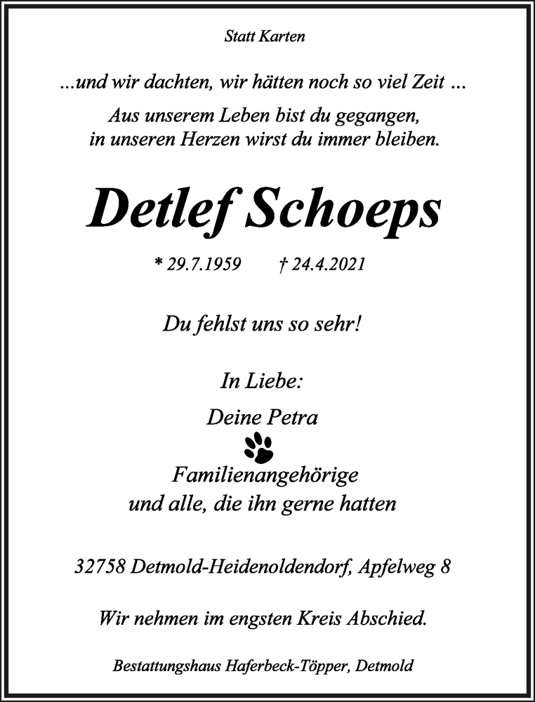 Traueranzeige für Detlef Schoeps vom 01.05.2021 aus Lippische Landes-Zeitung