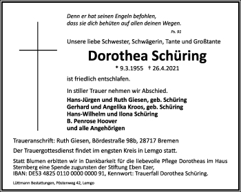 Anzeige  Dorothea Schüring  Lippische Landes-Zeitung