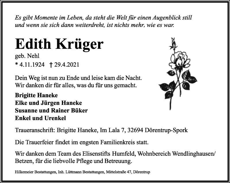  Traueranzeige für Edith Krüger vom 01.05.2021 aus Lippische Landes-Zeitung