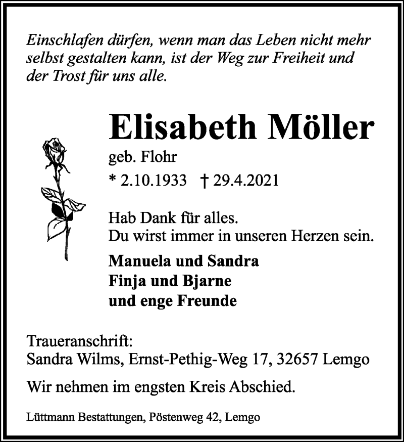  Traueranzeige für Elisabeth Möller vom 01.05.2021 aus Lippische Landes-Zeitung