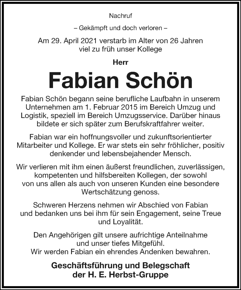  Traueranzeige für Fabian Schön vom 08.05.2021 aus Lippische Landes-Zeitung