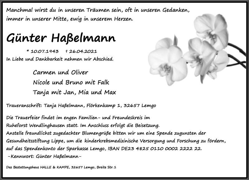  Traueranzeige für Günter Haßelmann vom 01.05.2021 aus Lippische Landes-Zeitung